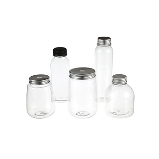 Leere saftige Flasche aus PET-Kunststoff, Getränkedose, Snackdose mit Aluminium-Schraubverschluss